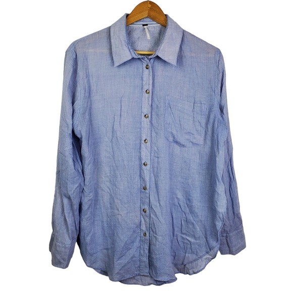 Free People That's A Wrap Oversized Blue Button Long Sleeve Shirt Sz M - Picture 1 of 4